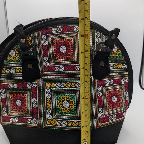 Embroidered Bohemian Handbag Black with Green Red Gold, Zipper, Double Handles - Picture 7 of 9